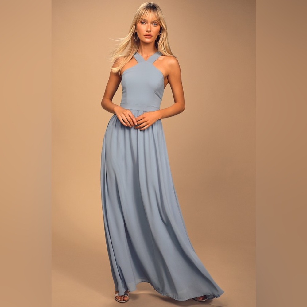 Lulus Air of Romance Light Blue Maxi Dress Small Wedding Prom Formal